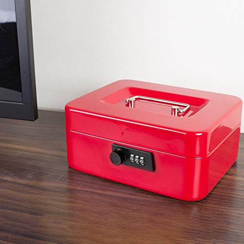 Image of KYODOLED Medium Cash Box with Combination Lock Safe Metal Money Box with Money Tray for Security Lock Box 7.87 inchx 6.30 inchx 3.54 inch Red Medium