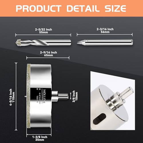 Image of MOLLOM 4-5 /16 inch (110mm) Diamond Hole Saw with 2 Pilot Drill Bit | Tile Hole Saw Smooth Cutting Porcelain Tiles,Ceramic,Marble,Granite