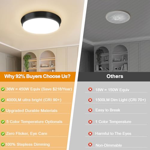 Image of 36W Black Flush Mount LED Ceiling Lights, 13in 4000lm Super Bright Dimmable LED Ceiling Light Fixtures, 2700K /3000K /4000K /5000K /6500K Adjust, Modern Ceiling Lamp for Bathroom Hallway, 2-Pack