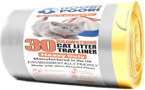 HooriPoori Drawstring Eco 30 XL Extra Large Heavy Duty Cat Litter Tray Liners on a roll Scratch Resistant Plastic Bags Environmentally Friendly 100% Recycled Material
