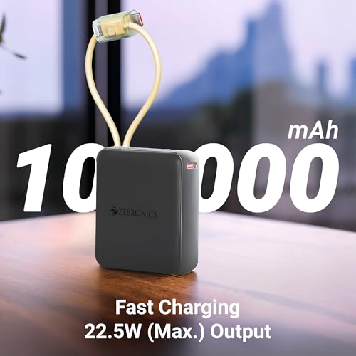 Image of ZEBRONICS EnergiTank 10R1, Compact Power Bank, 10000 mAh, 22.5W Rapid Charging, Built-in Type C & Lightning Cable + Type C Port, LED Percentage Indicator, for iPhone, Android, Tablets, Airpods (Grey)