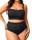 Tempt Me Women Plus Size High Waisted Bikini Bandeau Two Piece Swimsuit Black 16 Plus