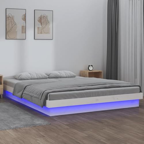 Tidyard Estructura Cama LED sin colchón Madera Maciza Blanco 200x200 cm