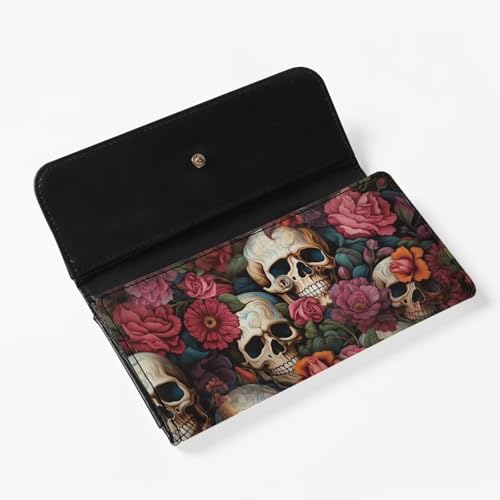 Image of AFPANQZ Skull Red Rose Print Long Clutch for Ladies Girls Multi Card Holder Slots Wallet Leather Wallet Zip Travel Purse Big Capacity Phone Holder Coin Zip Pocket Multi Card