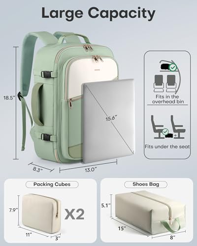 Image of HOTOR Travel Backpack for Women - TSA-Friendly Travel Bag with Multiple Compartments & 3 Packing Cubes, Water-Resistant & Comfortable, Perfect for Travel Essentials, Green, 18.5 inch x 13.0 inch x 8.3 inch