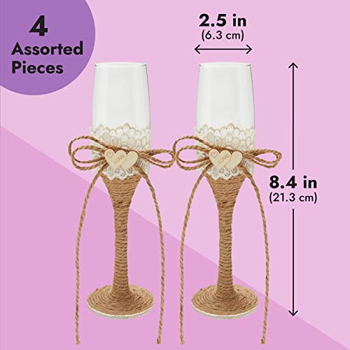 4 Piece Rustic Wedding Cake Knife And Server Set With Champagne Glasses For Bride And Groom, Jute Handles, Wood Heart And Burlap Lace Design, Farmhouse, Country Theme Reception Supplies #TOP4