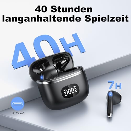 Bluetooth Kopfhörer, Kopfhörer Kabellos Bluetooth 5.3 mit 4 ENC Noise Cancelling Mic, kopfhörer kabellos HiFi Stereo, LED-Anzeige, 40 std Spielzeit, USB-C, In Ear Ohrhörer für Arbeit Spiel Sport