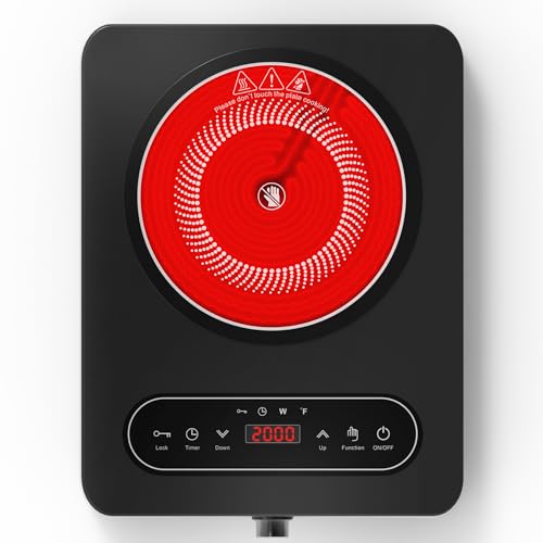 VBGK Plaque Vitrocéramique 1 Feu, 2000W Tables de Cuisson avec Bouton, Plaque Induction Posable Température Réglable et Minuterie, Commande Tactile, Plaque...