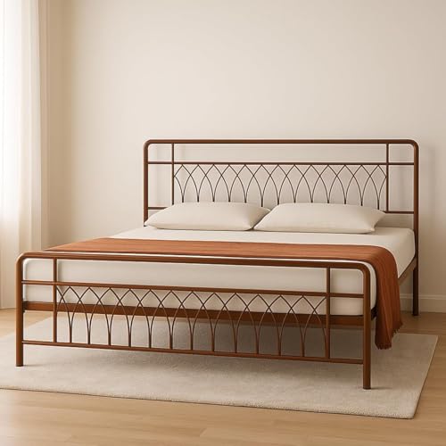 Image of Jexx Metal King Size Bed Without Storage | Wrought Iron Double Bed with Headboard & Footboard | Sturdy Powder Coated Platform Bed King Size Cot for Bedroom Living Room Brown (75x72)