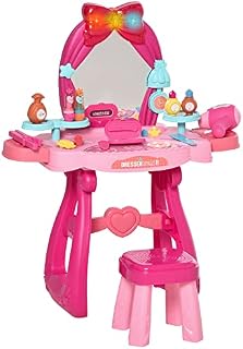 HOMCOM 36 Pcs Kids Vanity Musical Dressing Table Make Up Desk w/ Stool Beauty Kit Pretend Toy Children Glamour Princess Magic Mirror Lights for 3 Years Old Bright Red+Pink