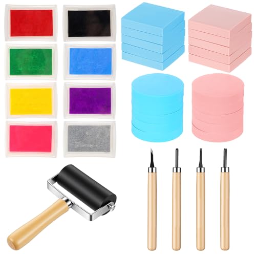 32 Pcs Rubber Stamp Making Kit with Block Printing Kit Linodeum Caving Tools with 8 Type Blacks Pink Rubber Catching Block and Rubber Brayer Roller Soft Stamp Carving KIt for DIY Crafts