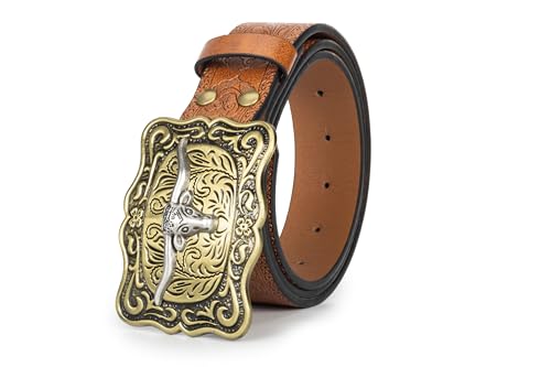 Image of Western-Cowboy-Leather-Belts for Women Turquoise-Oval-Buckle Embossed Belt
