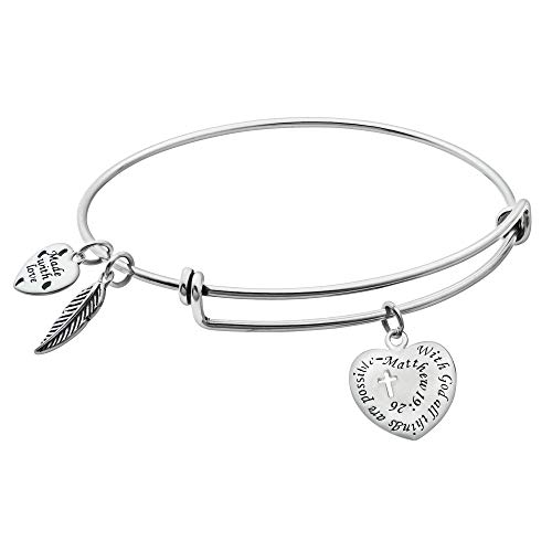 925 Sterling Silver With God All Things Are Possible Charm Adjustable Wire Bangle