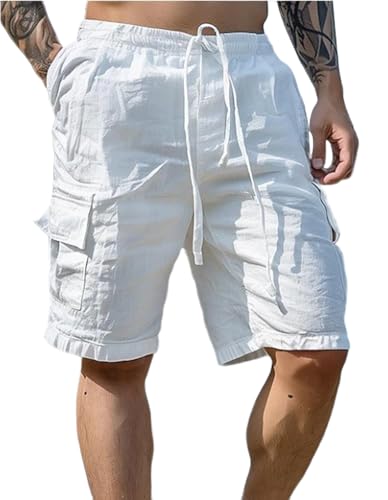 PADOLA Pantalones Cortos Linos Casuales para Hombre Shorts Verano Playa Suave con Bolsillos Pantalones Ligeros Transpirables(XXL,Blanco)