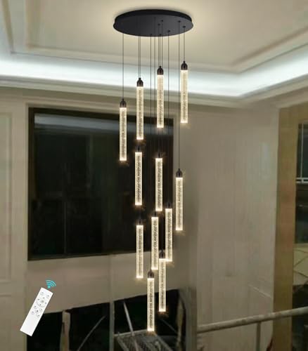 Image of 12-Lights Modern Chandeliers for Entryway High Ceiling Chandelier LED Dimmable Long Lights Fixture Pendants Lighting Crystal Chandeliers for Hallway Foyer Living Room Black Finished Lighting