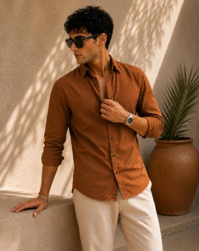 Image of Zilcon Men's Solid Coffee Brown Casual Cotton Blend Shirt