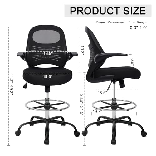 Image of HYLONE Drafting Chair Tall Office Chair with Flip-Up Armrests Ergonomic Computer Chair with Lumbar Support Adjustable Footrest Ring Mesh Standing Desk Chair (Black)