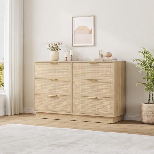 CABIHOME 6 Drawer Rattan Dresser for Bedroom, Natural Wood Chest of Drawers with Integrated Legs, Rattan Dresser for Hallway, Entryway and Closet, Easy Assembly, Natural