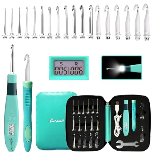 Yarniss 18 Size Counting Crochet Hooks with Light, Digital Counter Crochet Hooks Set with Case (2.0mm~14.0mm)