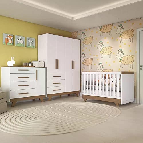 Quarto de Bebê Completo com Cômoda, Berço e Guarda Roupa Kakau Siena Móveis Branco