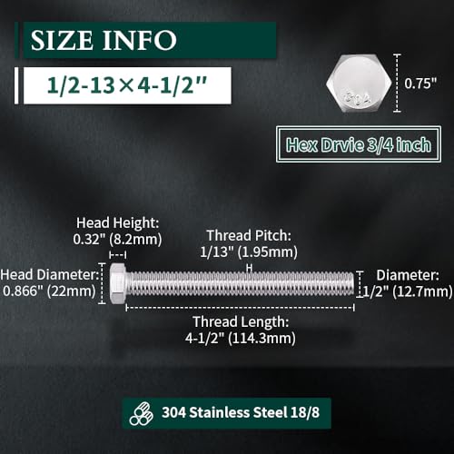 Image of 1 /2-13 x 4-1 /2 inch Hex Head Bolts Screws, 304 Stainless Steel 18-8, Fully Threaded, Hexagon Head Cap Bolts Screws, Coarse Thread UNC, 5 PCS