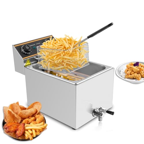 Electric Deep Fryer,10L(10.5QT) Commercial Fryer with Drain Tap,1500W Stainless Steel Countertop Fryer,Single Tank with Lids & Basket for Home Restaurant Kitchen