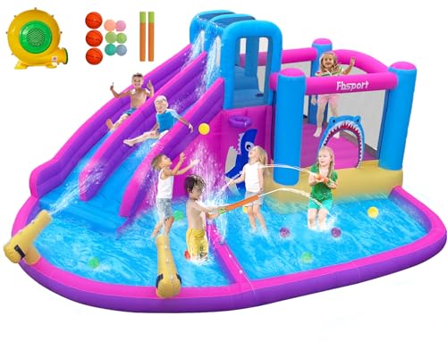 FBSPORT Inflatable Bounce House Double Slide, Water Slide Park Bouncer Castle with Water Gun, Climbing Wall, Jumping and Splash Pool, Kids Bouncy Castle with 550W Air Blower for Outdoor Backyard