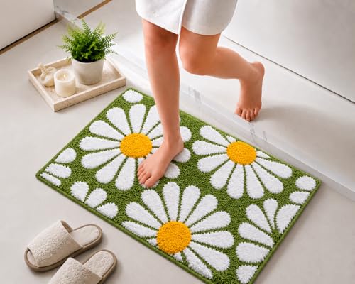 Image of Roseate Flower Anti Skid (40x60 cm) Microfiber 2000 GSM Bath Mat for Bathroom /Bedroom /Door Mat /Floor Mat (Green) Pack of 2