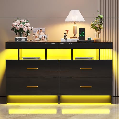 Image of HNEBC Auto LED Nightstands Set of 2,Modern Bedside Table with USB Ports & Wireless Charging Station,High Gloss Bedside Tables with 2 Drawers,Nightstands for Bedrooms /Living Room /Office (Black)