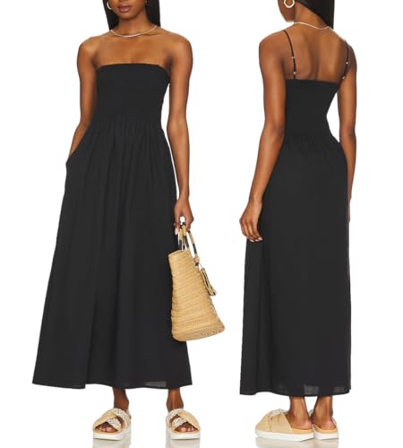 Image of Aigeman Women Detachable Strap Dress Strapless Smocked Bodice Maxi Dress Pockets Long Swing Flowy Beach Sundress 373