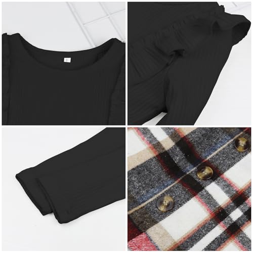 Image of AGQT Toddler Girls Fall Winter Clothes Long Sleeve Ribbed T-Shirt Knit Tops Plaid Button Mini A-line Skirts Set Outfits