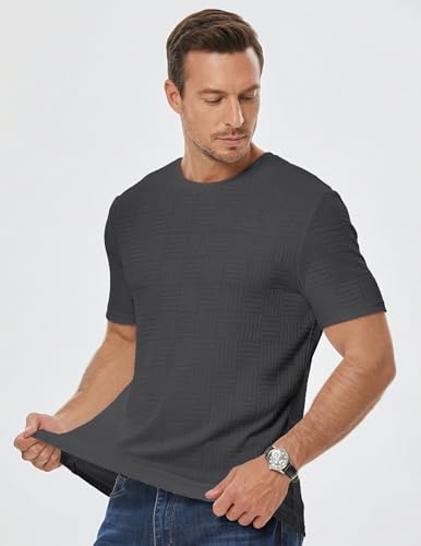 Image of JMIERR Mens T-Shirt Casual Stretch Solid Crewneck Short Sleeve Tees Textured Shirts