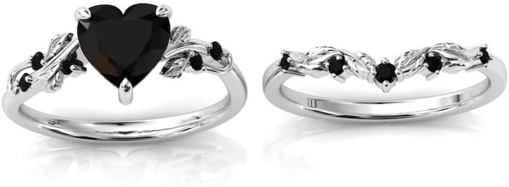 Generic Natural Black Onyx Engagement Ring Set For Women Heart Shaped Black Onyx Ring Set Rose Gold Leaf Ring Set Black Gemstone Wedding Ring Set