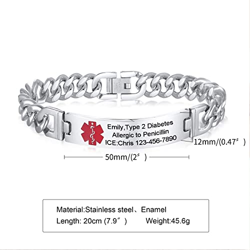 Vnox Men's Medical Alert Id Bracelet Tag Stainless Steel Link Chain Wrist (Free Engraving),8 Inches #TOP5