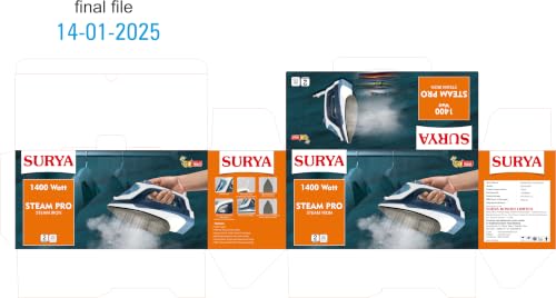 Image of Surya Steam Pro 1400W Steam Iron for Clothes | Heavy Weight Metal Body | Weilburger Non-Stick Soleplate | Thermal Fuse Safety | Adjustable Steam | 180 Swivel Cord | Fast & Efficient Ironing