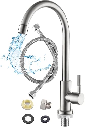 MYELECTROID Grifo Cocina Fregadero Solo Frío Alta Presión | Grifo Monomando, Giratorio 360º, Ahorro de Agua | Instalación Fácil Acero Inoxidable Grifos para Fregadero, Inoxidable, M18703