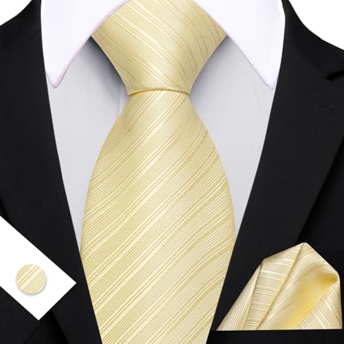Image of Barry.Wang Solid Striped Tie for Men Silk Necktie Pocket Square Cufflinks Formal Wedding Party Business