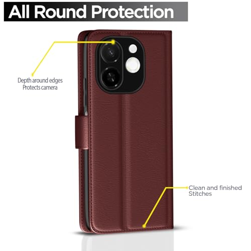 Image of Pikkme Flip Cover for Tecno Spark 30C 5G Leather Finish | Inside TPU with Card Pockets | Wallet Stand and Shock Proof | Complete Protection Button Flip Case(Brown)