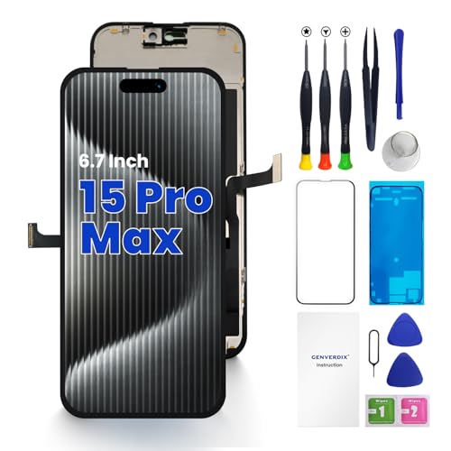Genverdix for iPhone 15 Pro Max Screen Replacement 6.7 inch 3D Touch LCD Display Full HD Repair kit Digitizer Assembly with Tools Set Tempered Glass Waterproof Frame Adhesive