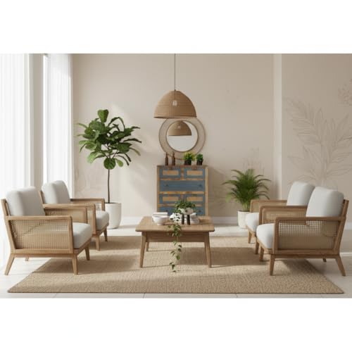 Image of Solid Wood Luffy Chest of Drawer | Dresser with 6 Drawers | Wooden Chest of Darwers | Chest of Drawers with Cane /Rattan | Finish- Grey and Natural