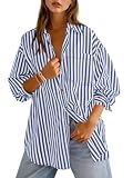 Cicy Bell Womens Oversized Striped Button Down Shirts Boyfriend Long Sleeve Collared Work Blouses Blue