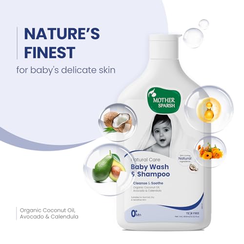 Image of Mother Sparsh Natural Care Baby Wash & Shampoo-400ml | Baby Head to Toe Wash | Tear Free Formula With Organic Coconut Oil, Calendula & Avocado | Suitable for Newborn Sensitive Skin