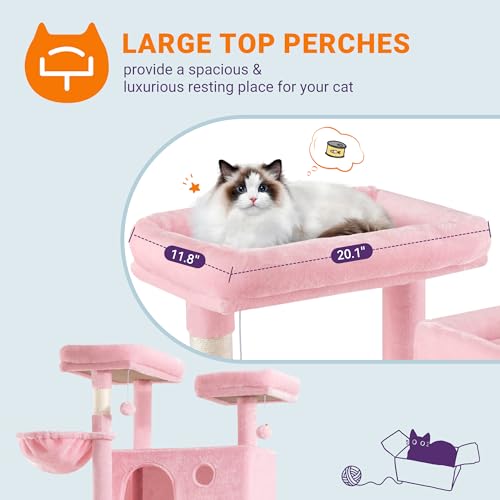 Image of Allewie 81 Inches Tall Cat Tree /Multi-Level Large Climbing Tree House and Towers for Big Feline /Condo and Hammock /Scratching Post /Wide Base /Pink