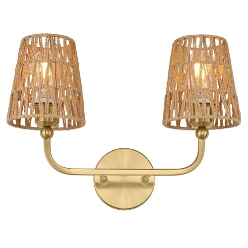 Image of 2-Light Bathroom Light Fixtures, Brushed Gold Rattan Vanity Lights, Double Wall Sconce with Flared Handwoven Shade, Boho Sconces Wall Lighting for Hallway Bedroom Stairway, VL837-BG-RA-2