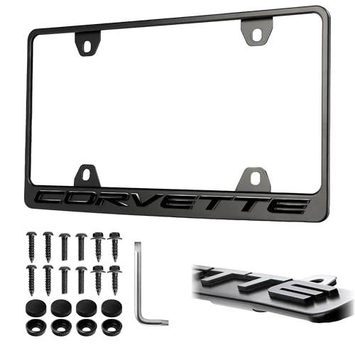Corvette License Frame Stealth Black Powder Coat UV Resistant Rust-Proof Steel Plate Holder - One Piece - Compatible with Chevrolet Corvette Chevy C5 C6 C7 C8 (3D RAISED LETTERS w/ MOUNT HARDWARE)