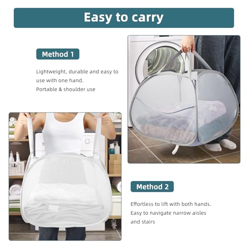 Image of 2 Pack Collapsible Laundry Baskets, 90L Large Foldable Laundry Basket, Durable Mesh Pop Up Hampers for Laundry, Dirty Clothes Laundry Hamper for Bedroom, Bathroom, Dorm, Laundry Room, Travel White