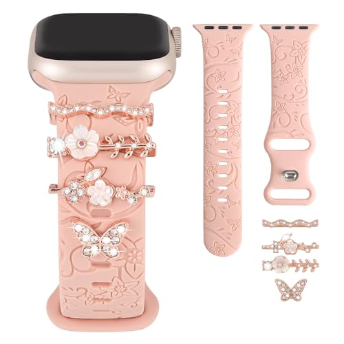 Charm+Band for Apple Watch Bands 40mm 41mm 38mm 44mm 45mm 46mm 42mm Women Floral Engraved Silicone Sport Band+Decorative Ring Loops for iWatch Series 11 10 9 8 7 6 5 4 SE/Ultra 49mm 3/2 Jewelry Strap