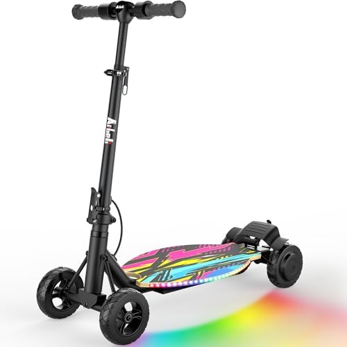 ARBELI 4-Wheel Electric Scooter for Kids w/250W Brushless Motor, Up to 10 MPH & 8.5 Miles, Rainbow Lights, LED Display, 5 Speed & Adjustable Balance, Foldable Kids Electric Scooter, UL 2272 Certified