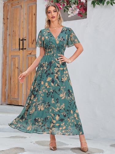 Image of Simplee Women's Boho Floral Maxi Dress Flowy Casual V Neck Short Sleeve Wedding Guest Holiday Beach Long Dress