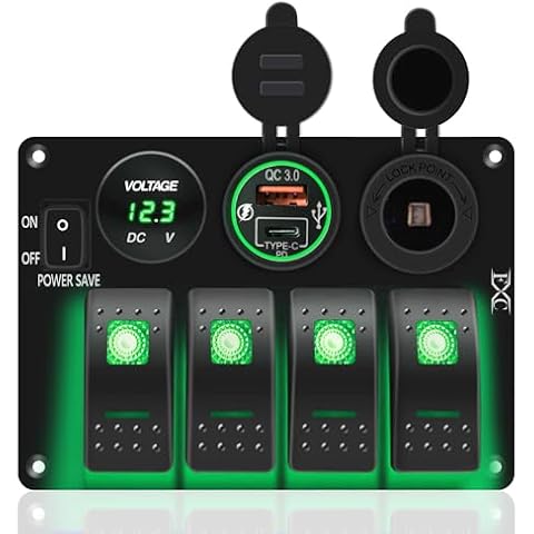 FXC Green 4 Gang Marine Boat Rocker Switch Panel, Waterproof Toggle Switch with Power Save for Truck RV, Voltmeter PD Type C & QC 3.0 USB Charger Port DC 12 Volt Power Outlet Cigarette Lighter Socket Cover